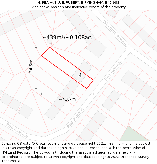 4, REA AVENUE, RUBERY, BIRMINGHAM, B45 9SS: Plot and title map