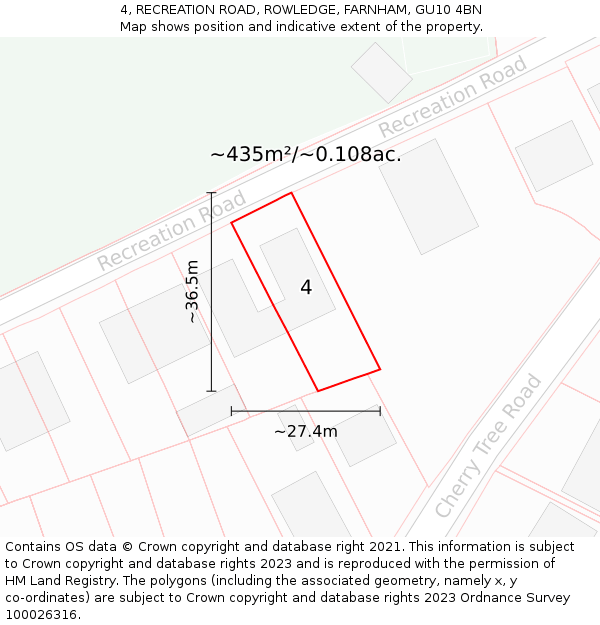 4, RECREATION ROAD, ROWLEDGE, FARNHAM, GU10 4BN: Plot and title map