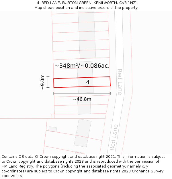 4, RED LANE, BURTON GREEN, KENILWORTH, CV8 1NZ: Plot and title map