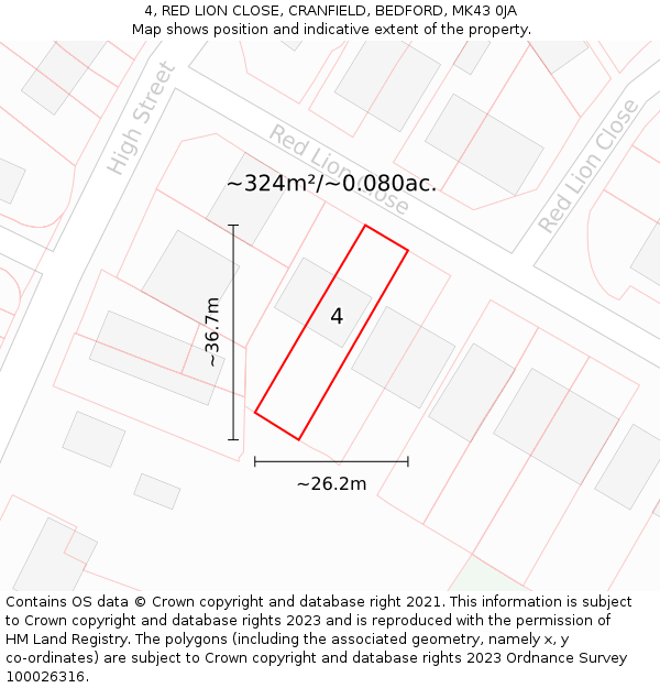 4, RED LION CLOSE, CRANFIELD, BEDFORD, MK43 0JA: Plot and title map