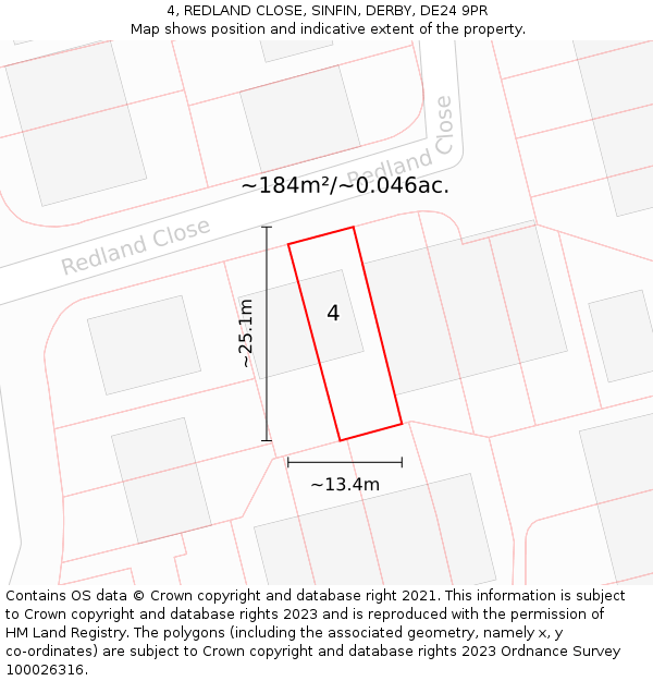 4, REDLAND CLOSE, SINFIN, DERBY, DE24 9PR: Plot and title map