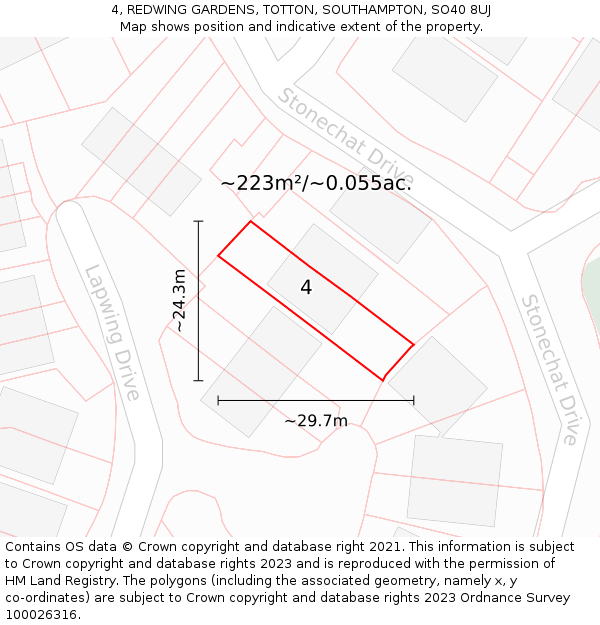 4, REDWING GARDENS, TOTTON, SOUTHAMPTON, SO40 8UJ: Plot and title map