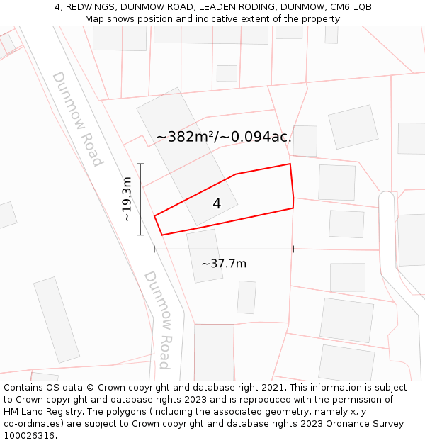 4, REDWINGS, DUNMOW ROAD, LEADEN RODING, DUNMOW, CM6 1QB: Plot and title map