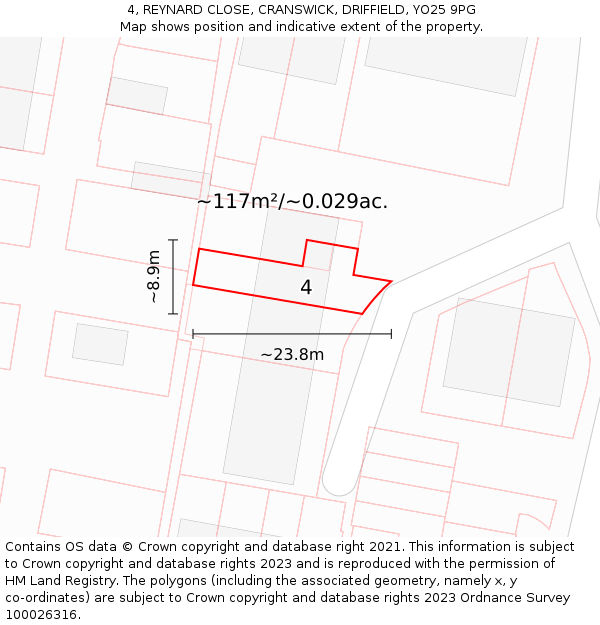 4, REYNARD CLOSE, CRANSWICK, DRIFFIELD, YO25 9PG: Plot and title map