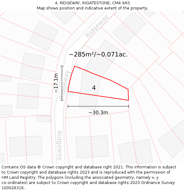 4, RIDGEWAY, INGATESTONE, CM4 9AS: Plot and title map