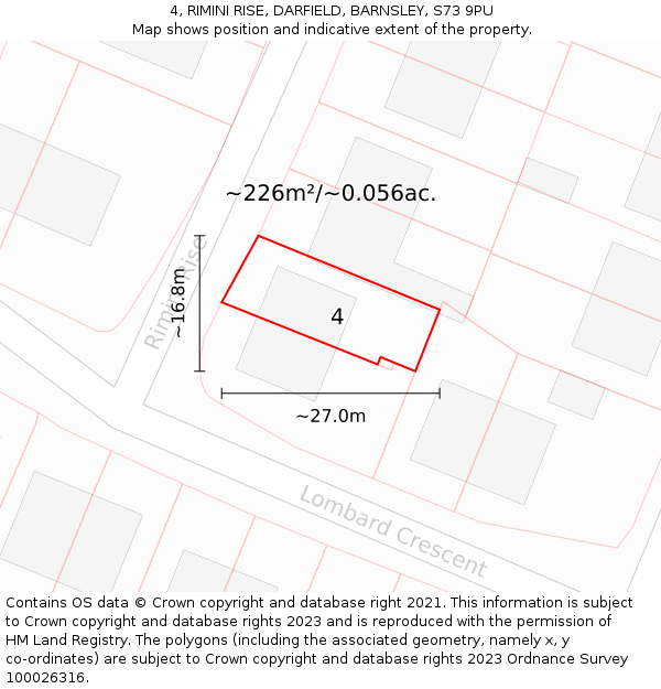 4, RIMINI RISE, DARFIELD, BARNSLEY, S73 9PU: Plot and title map