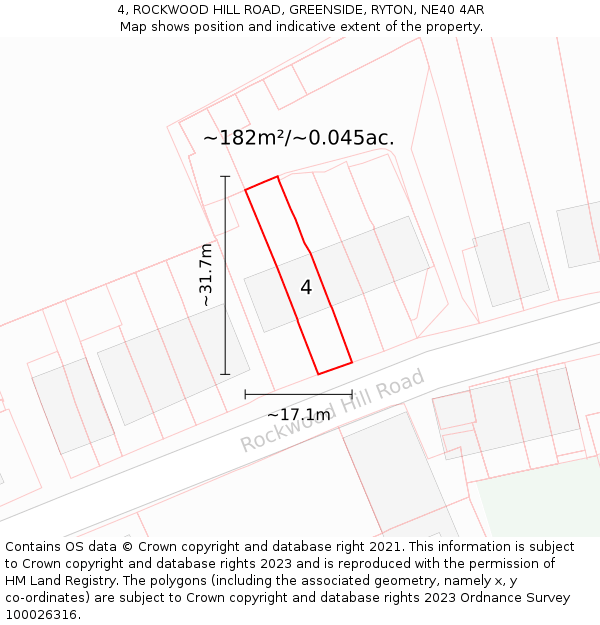 4, ROCKWOOD HILL ROAD, GREENSIDE, RYTON, NE40 4AR: Plot and title map