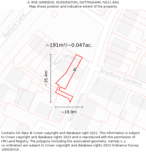 4, ROE GARDENS, RUDDINGTON, NOTTINGHAM, NG11 6AQ: Plot and title map