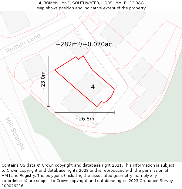 4, ROMAN LANE, SOUTHWATER, HORSHAM, RH13 9AG: Plot and title map