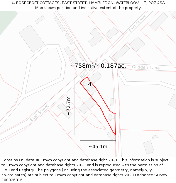 4, ROSECROFT COTTAGES, EAST STREET, HAMBLEDON, WATERLOOVILLE, PO7 4SA: Plot and title map