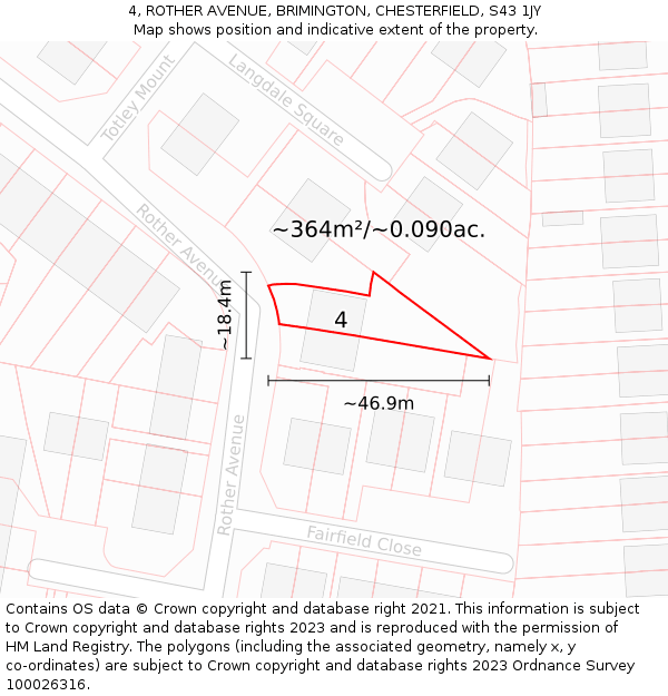 4, ROTHER AVENUE, BRIMINGTON, CHESTERFIELD, S43 1JY: Plot and title map