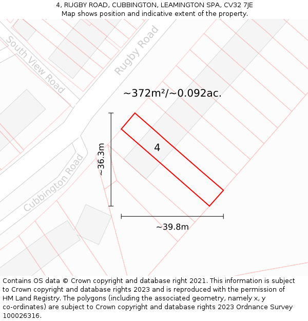 4, RUGBY ROAD, CUBBINGTON, LEAMINGTON SPA, CV32 7JE: Plot and title map