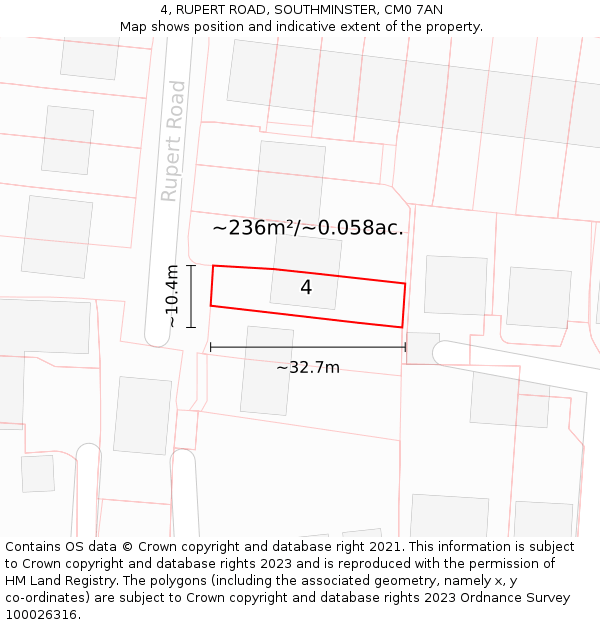 4, RUPERT ROAD, SOUTHMINSTER, CM0 7AN: Plot and title map