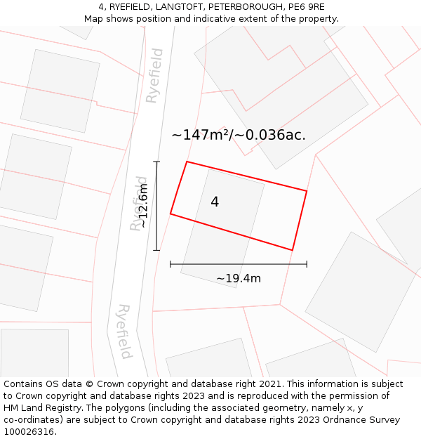 4, RYEFIELD, LANGTOFT, PETERBOROUGH, PE6 9RE: Plot and title map