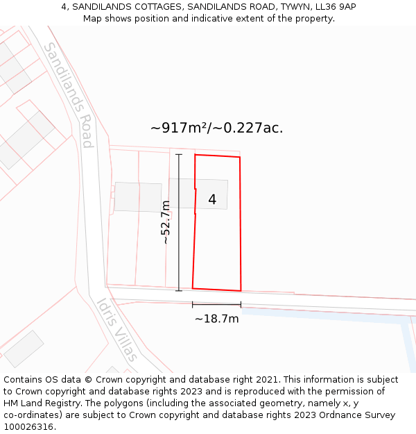 4, SANDILANDS COTTAGES, SANDILANDS ROAD, TYWYN, LL36 9AP: Plot and title map