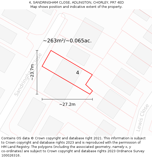 4, SANDRINGHAM CLOSE, ADLINGTON, CHORLEY, PR7 4ED: Plot and title map