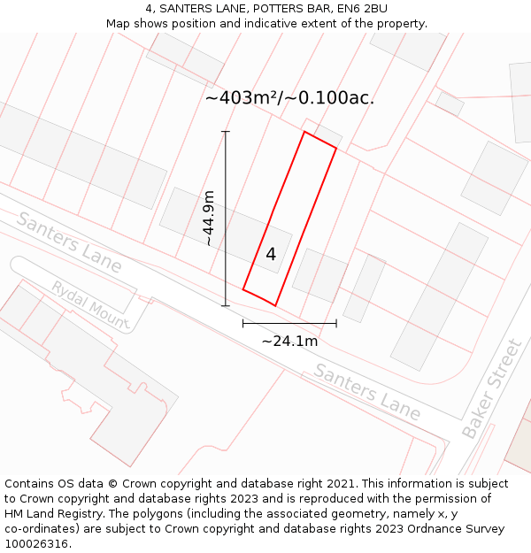 4, SANTERS LANE, POTTERS BAR, EN6 2BU: Plot and title map