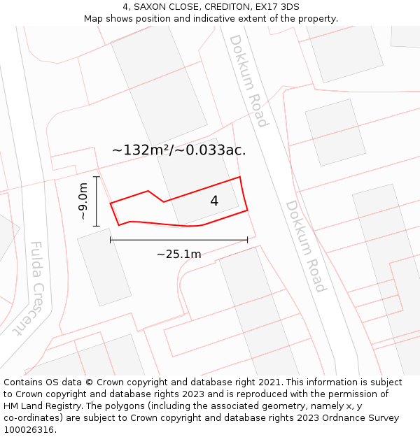 4, SAXON CLOSE, CREDITON, EX17 3DS: Plot and title map