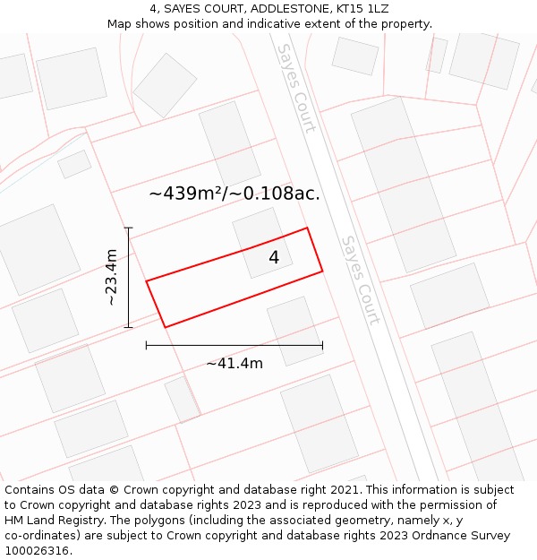 4, SAYES COURT, ADDLESTONE, KT15 1LZ: Plot and title map