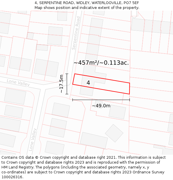 4, SERPENTINE ROAD, WIDLEY, WATERLOOVILLE, PO7 5EF: Plot and title map