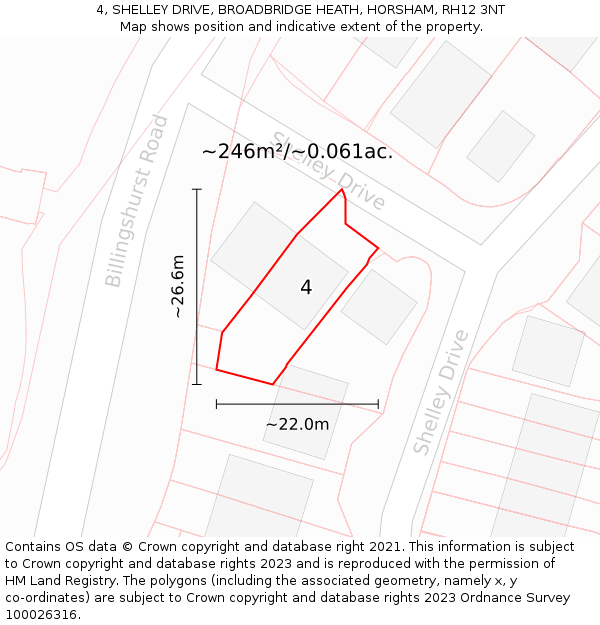 4, SHELLEY DRIVE, BROADBRIDGE HEATH, HORSHAM, RH12 3NT: Plot and title map