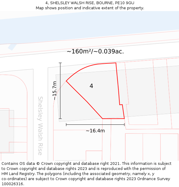 4, SHELSLEY WALSH RISE, BOURNE, PE10 9GU: Plot and title map