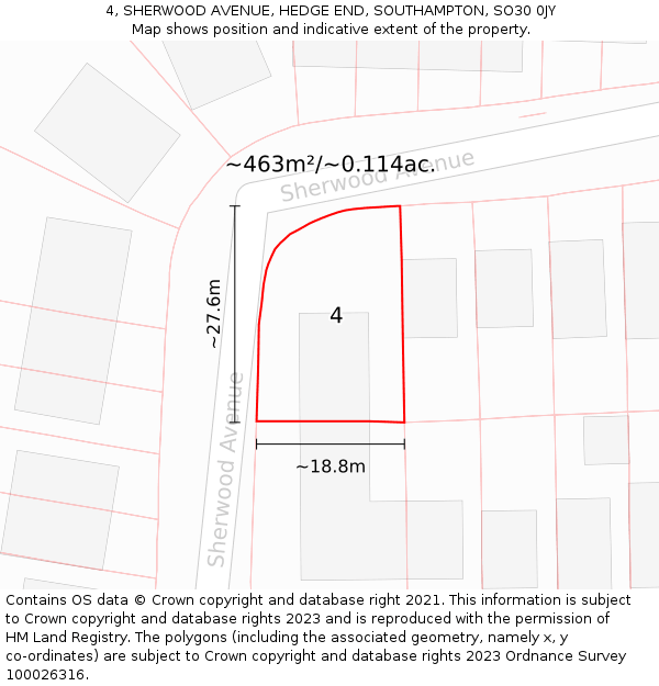 4, SHERWOOD AVENUE, HEDGE END, SOUTHAMPTON, SO30 0JY: Plot and title map