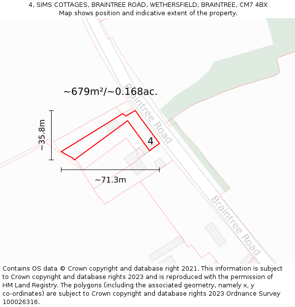 4, SIMS COTTAGES, BRAINTREE ROAD, WETHERSFIELD, BRAINTREE, CM7 4BX: Plot and title map