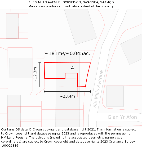 4, SIX MILLS AVENUE, GORSEINON, SWANSEA, SA4 4QD: Plot and title map