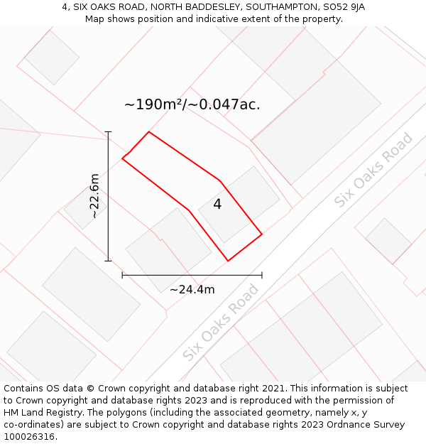 4, SIX OAKS ROAD, NORTH BADDESLEY, SOUTHAMPTON, SO52 9JA: Plot and title map