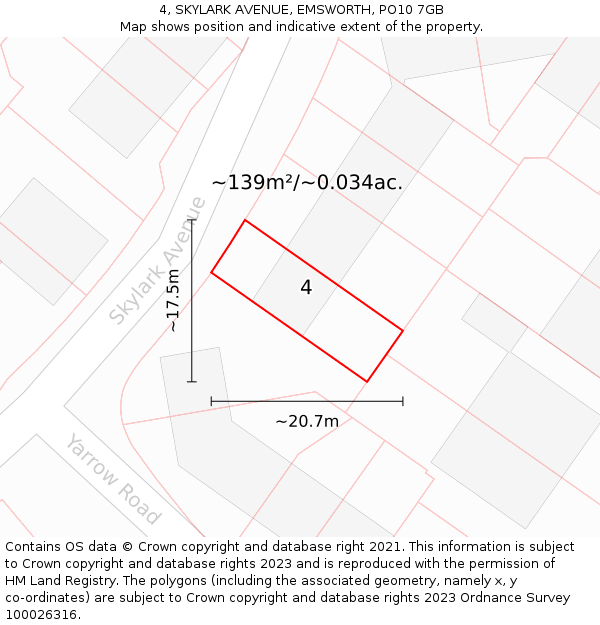 4, SKYLARK AVENUE, EMSWORTH, PO10 7GB: Plot and title map