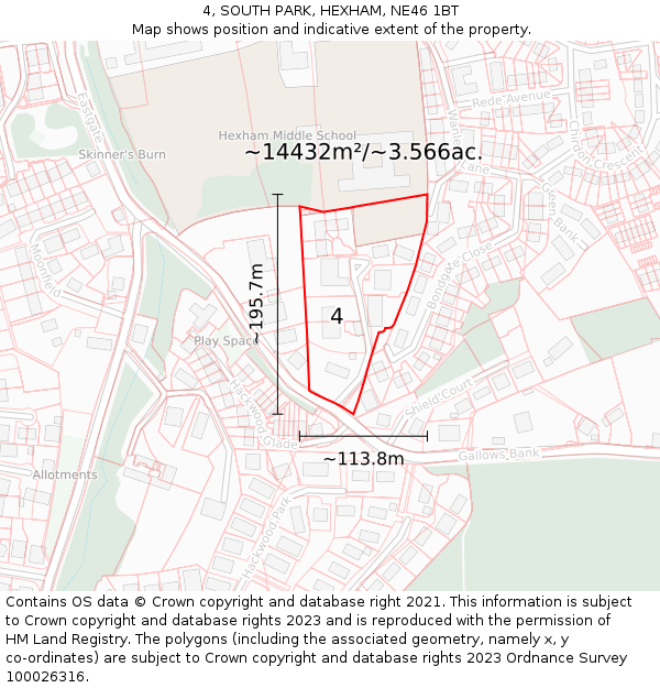 4, SOUTH PARK, HEXHAM, NE46 1BT: Plot and title map