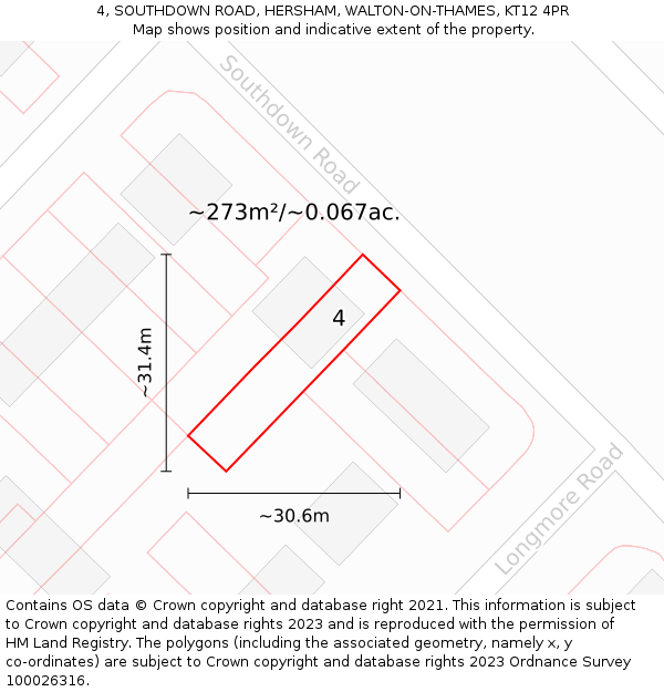 4, SOUTHDOWN ROAD, HERSHAM, WALTON-ON-THAMES, KT12 4PR: Plot and title map