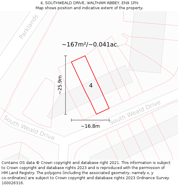 4, SOUTHWEALD DRIVE, WALTHAM ABBEY, EN9 1PN: Plot and title map