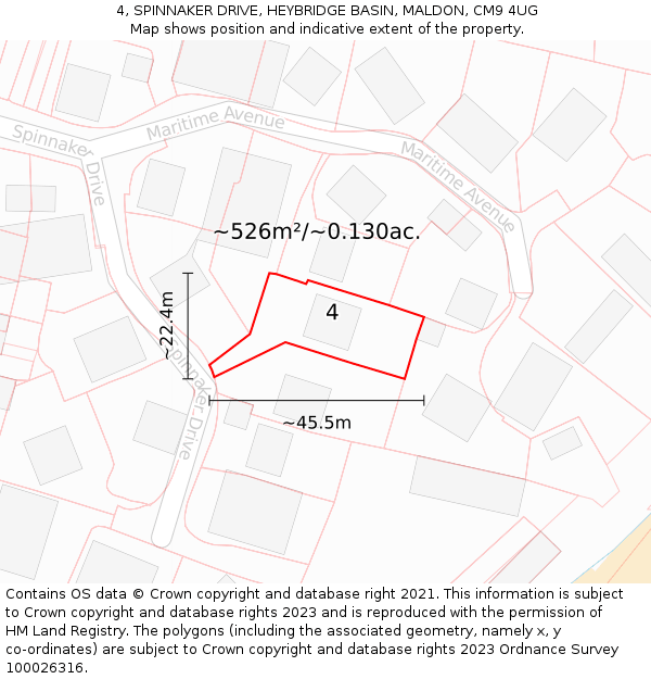 4, SPINNAKER DRIVE, HEYBRIDGE BASIN, MALDON, CM9 4UG: Plot and title map