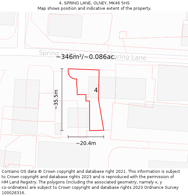 4, SPRING LANE, OLNEY, MK46 5HS: Plot and title map