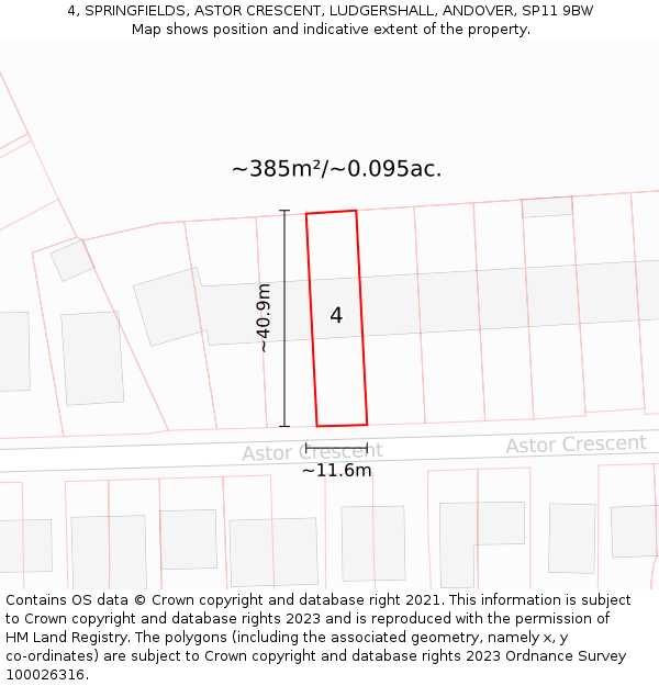 4, SPRINGFIELDS, ASTOR CRESCENT, LUDGERSHALL, ANDOVER, SP11 9BW: Plot and title map