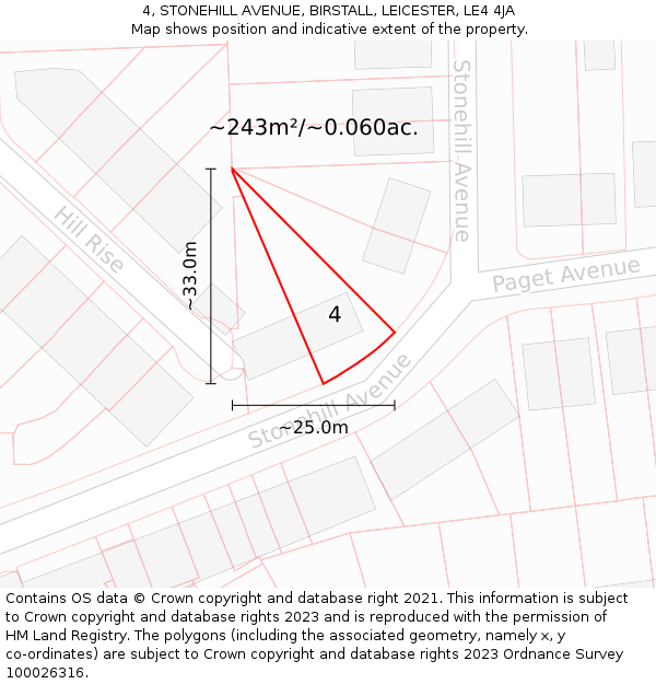 4, STONEHILL AVENUE, BIRSTALL, LEICESTER, LE4 4JA: Plot and title map