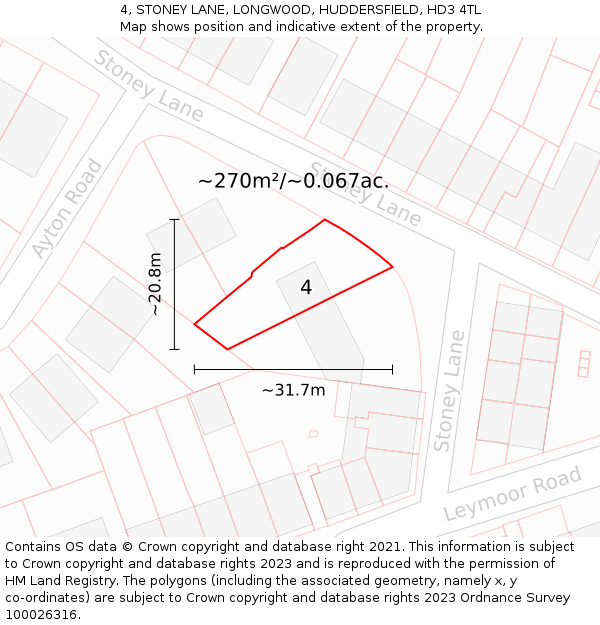 4, STONEY LANE, LONGWOOD, HUDDERSFIELD, HD3 4TL: Plot and title map