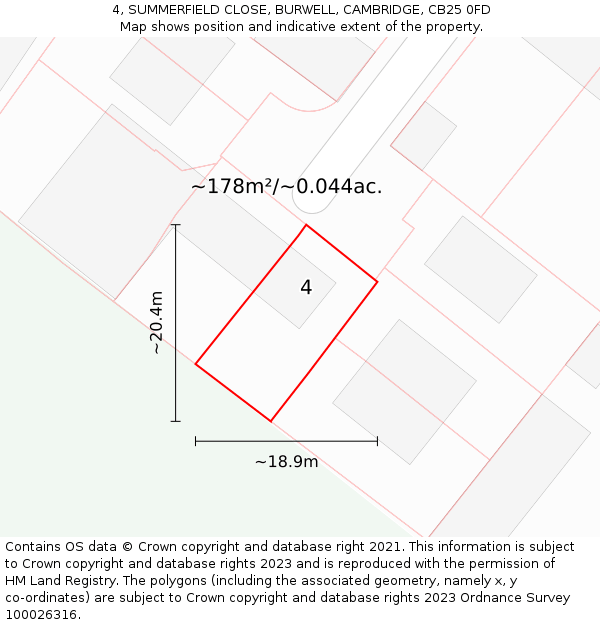 4, SUMMERFIELD CLOSE, BURWELL, CAMBRIDGE, CB25 0FD: Plot and title map