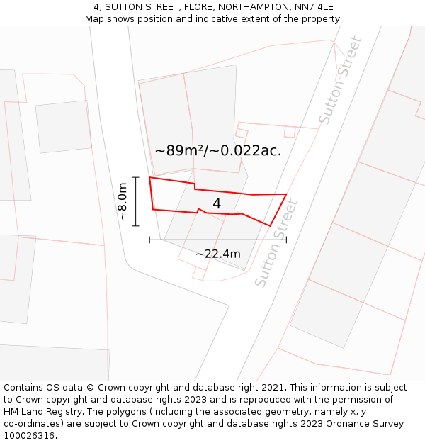 4, SUTTON STREET, FLORE, NORTHAMPTON, NN7 4LE: Plot and title map