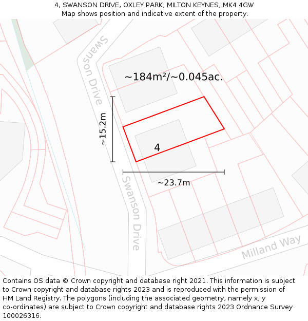 4, SWANSON DRIVE, OXLEY PARK, MILTON KEYNES, MK4 4GW: Plot and title map