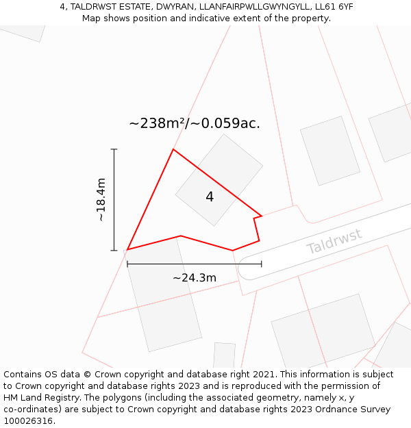 4, TALDRWST ESTATE, DWYRAN, LLANFAIRPWLLGWYNGYLL, LL61 6YF: Plot and title map