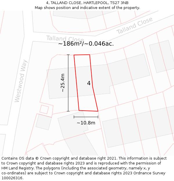 4, TALLAND CLOSE, HARTLEPOOL, TS27 3NB: Plot and title map