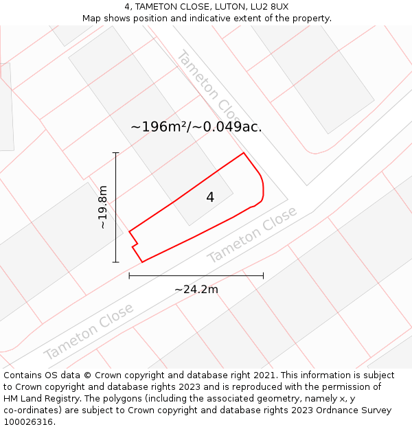 4, TAMETON CLOSE, LUTON, LU2 8UX: Plot and title map