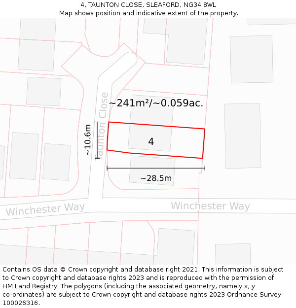 4, TAUNTON CLOSE, SLEAFORD, NG34 8WL: Plot and title map