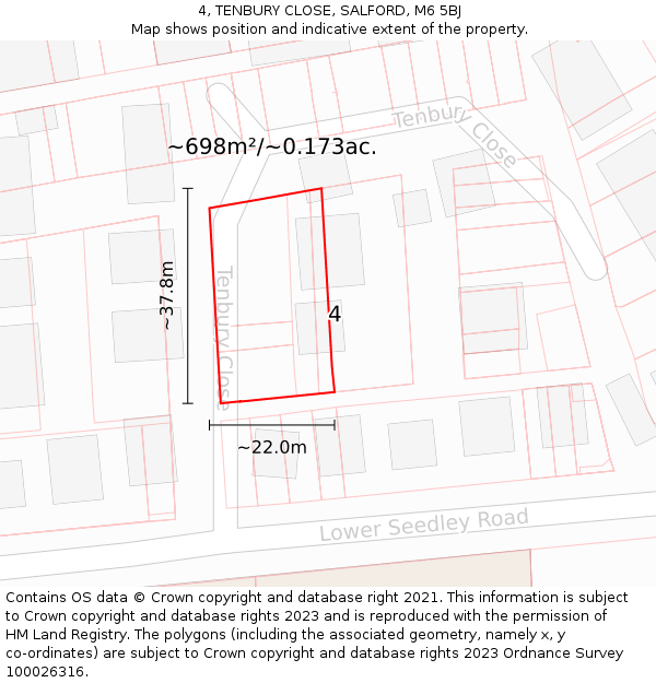 4, TENBURY CLOSE, SALFORD, M6 5BJ: Plot and title map