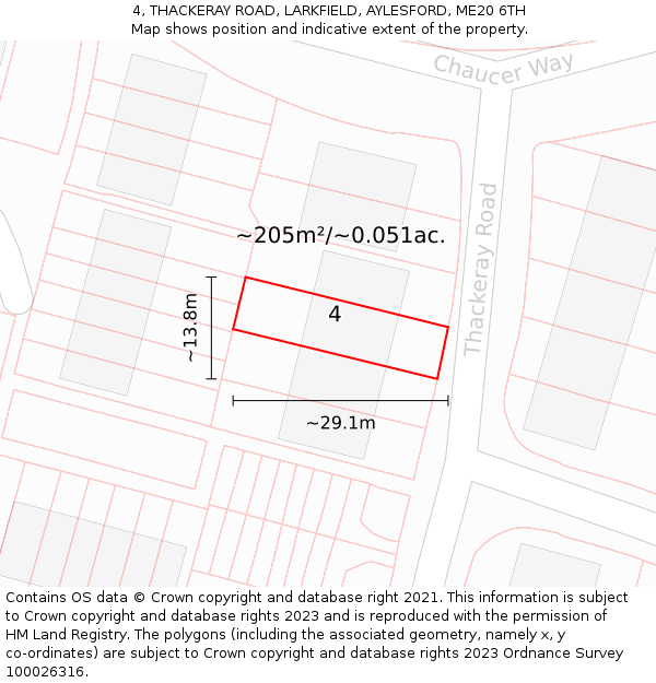 4, THACKERAY ROAD, LARKFIELD, AYLESFORD, ME20 6TH: Plot and title map