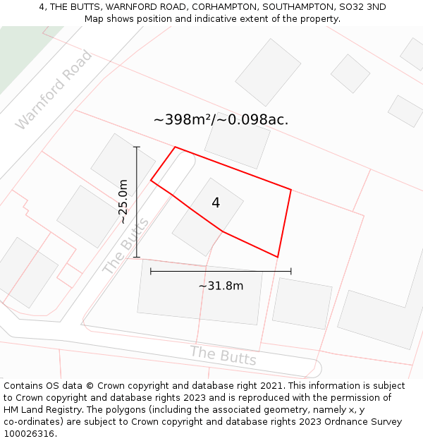 4, THE BUTTS, WARNFORD ROAD, CORHAMPTON, SOUTHAMPTON, SO32 3ND: Plot and title map