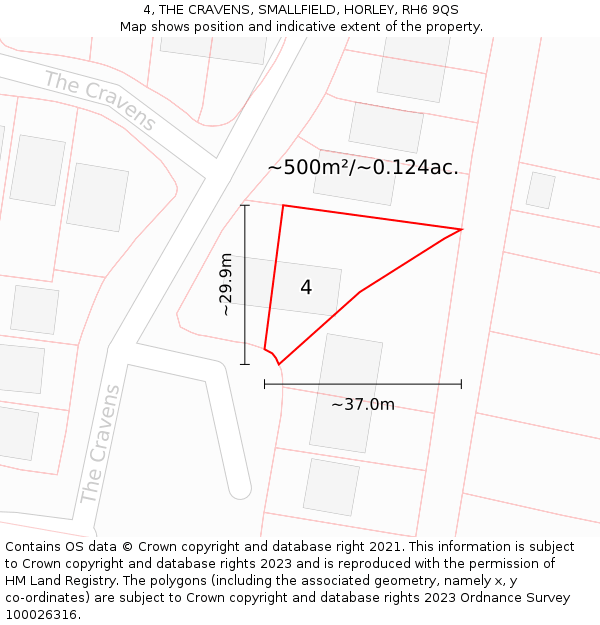 4, THE CRAVENS, SMALLFIELD, HORLEY, RH6 9QS: Plot and title map